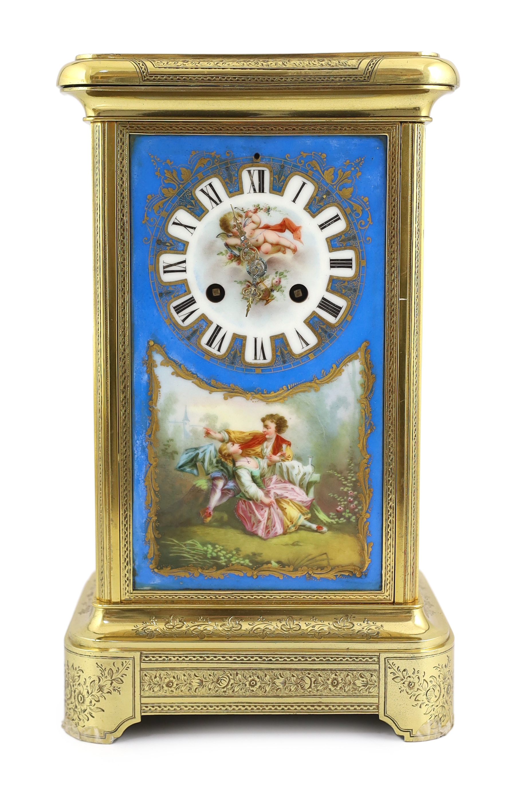 A mid 19th century French ormolu and Sevres style porcelain four panel mantel clock